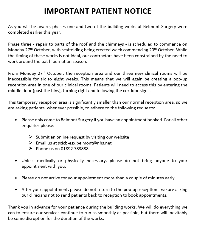 Building Works at Belmont Surgery